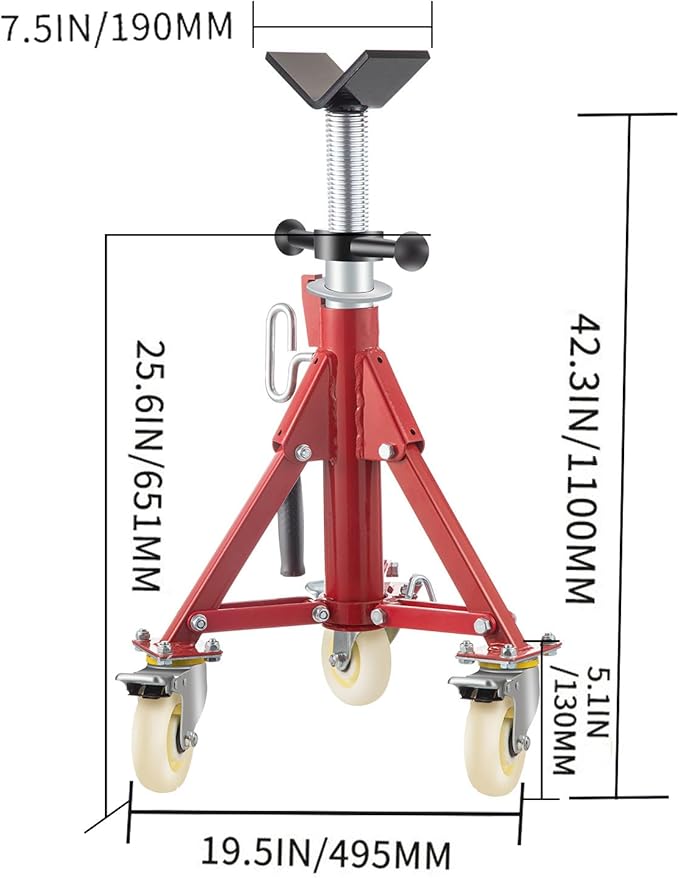 VEVOR Pipe Stand, Pipe Jack Stand, V Head Pipe Stand Adjustable Height 20-37 Inch, Pipe Jack Stands with Casters 882 LB, Folding Portable Pipe Stands 1/8 to 12 Inch Pipe Supporting, Steel Jack Stand