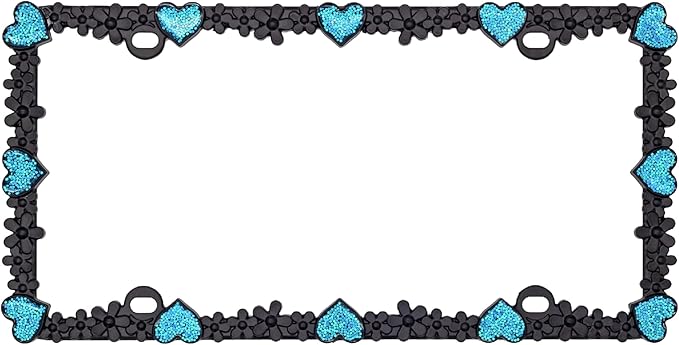 Creathome 3D Shining Daisy Heart License Plate Frame from Pure Zinc Alloy Metal Perfect Plate Holder, Matt Black with Blue Glitter, Luminously Heart