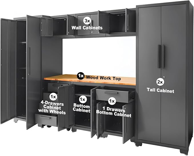 Torin Garage Cabinets Storage System, 9 Piece Included Steel Drawers Rolling Chest,Locked Storage Cabinet, Perfect for Organizing Garage and Tools, Black/Grey