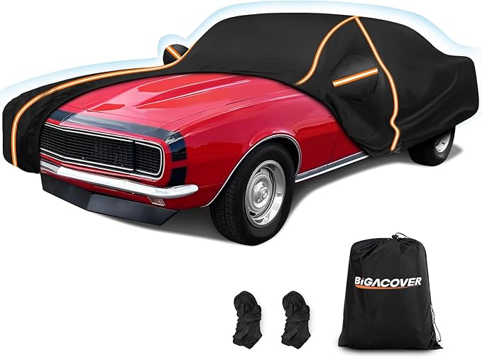 Car Cover for Chevy Camaro 1967-1981, Waterproof 210D Oxford Cloth and Cotton Cover Outdoor Full Car Covers with Zipper Windproof Heavy Duty All Weather with Wind, Sun, UV and Dust Protectio