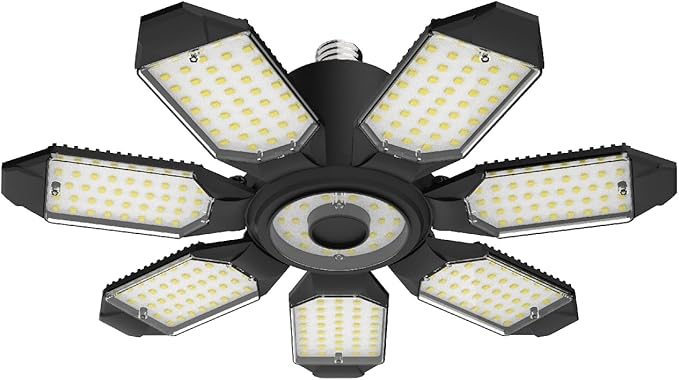 TANBABY 2 Pack LED Garage Lights, 150W Deformable Best Ceiling Shop Lights, 15000LM LED Light 6500K Garage Lighting with 6+1 Adjustable Panels Bulb for Basement