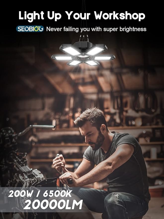 SEOBIOG LED Garage Lights 4 Pack, 200W 20000LM Plug in Linkable LED Shop Light, 6500K Ceiling Light Fixtures with 6+1 Deformable Panels for Garage, Work Bench (Built-in ON/Off Switch)