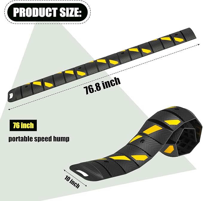 76"x10"x 2" Portable Rubber Speed Bump Reflective Yellow-Black,Quick to fold, Unfold, and Secure for Road use. Suitable for Asphalt Cement Gravel Roads Parking Lots garages Schools and Other Areas.