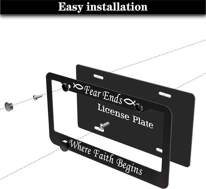 License Plate Frames Black and White Car Plate Frame Fear Ends When Faith Begins Aluminum Metal Car Accessory 2 Pack with Screw Covers Set
