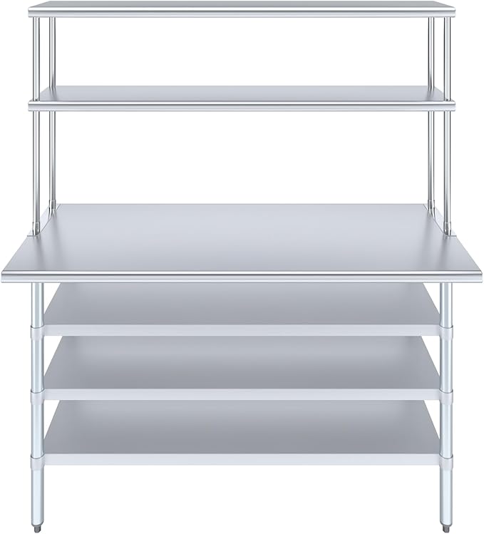 Amgood 24" x 60" Stainless Steel Work Table with 3 Shelves and 12" Wide Double Tier Overshelf | Metal Kitchen Prep Table & Shelving Combo | NSF