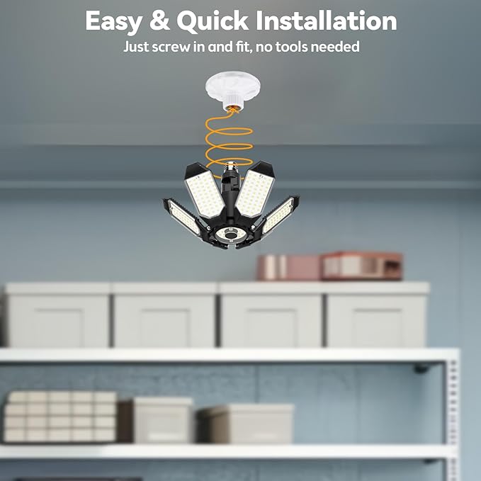 LED Garage Light Super Bright 15000LM LED Shop Ceiling Lights 6500K Garage Lighting, 360°&180° Adjustable Basement Lights with 6 Deformable Panels Screw in E26 E27 Socket for Storage Attic, 4 Pack
