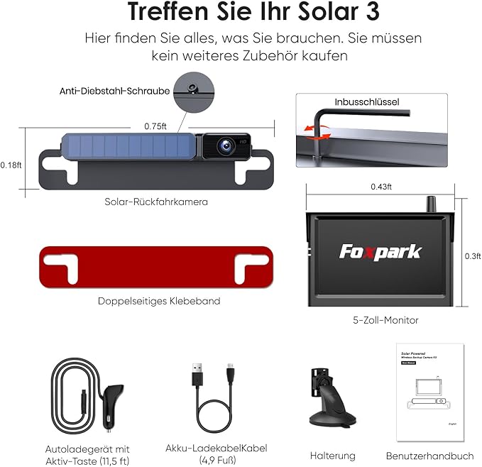 Solar Wireless Backup Camera, 1080P 5'' Monitor Back Up Camera Systems Wireless, 3 Mins DIY Installation, Reverse Camera for Car, Truck, Van, RV (S3)