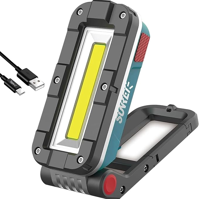 SUNREI LED Rechargeable Magnetic Work Lights COB Mechanic Lights,1100 Lumens, Magnetic Base & Hanging, 7Mode, Magnetic Flashlight Job Site & Security for Car Repair, Emergency, Gift for Men
