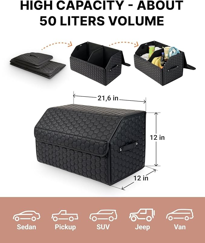 Trunk Organizer For Car - Collapsible Storage Bins - Keep Groceries, Sports Gear & Tools Secure On Road Trips - Best Gifts for Men - Heavy Duty Cargo Tote (Black 21.6)