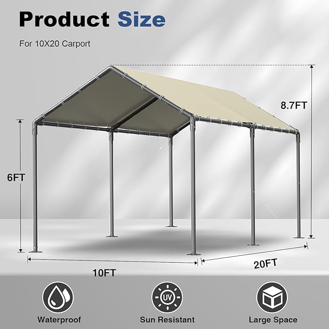 10x20ft Portable Car Tent Garage with UV Resistant Canopy, Easy to Assemble Portable Garage, Stable Carport for Car, Bike, Camp, Outdoor Storage (Beige)