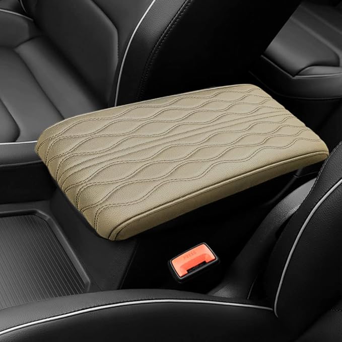 2025 Upgrade Universal Style Memory Cotton Car Armrest Box Pad,New Leather Car Armrest Box Pad Car Center Console Cover Pad,Vehicle Seat Box Cushion Protector for SUV Truck (Beige, Wave Pattern)
