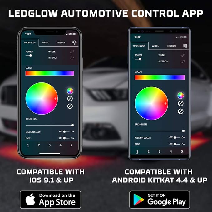 LEDGlow 4pc Bluetooth Million Color LED Underbody Underglow Accent Neon Lighting Kit for Cars - Smartphone App - Courtesy Lights - Create Any Color - 16 Modes - Water Resistant Tubes - Control Box