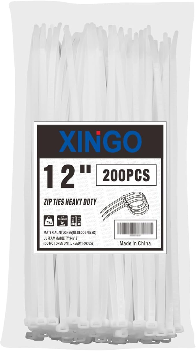 XINGO 12 Inch White Zip Ties 200 PCS, 75 LBS Ultra Strong Tensile Strength, UV Resistant Cable Ties, Self-locking Plastic Ties for Indoor and Outdoor Use