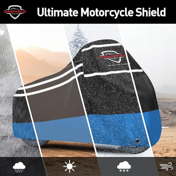 Ultimum Series Motorcycle Cover Waterproof All Weather Protection Universal Heavy Duty Night Reflector with Lock-Holes Compatible with Suzuki Harley Davidson Kawasaki Yamaha Honda Blue XXXL