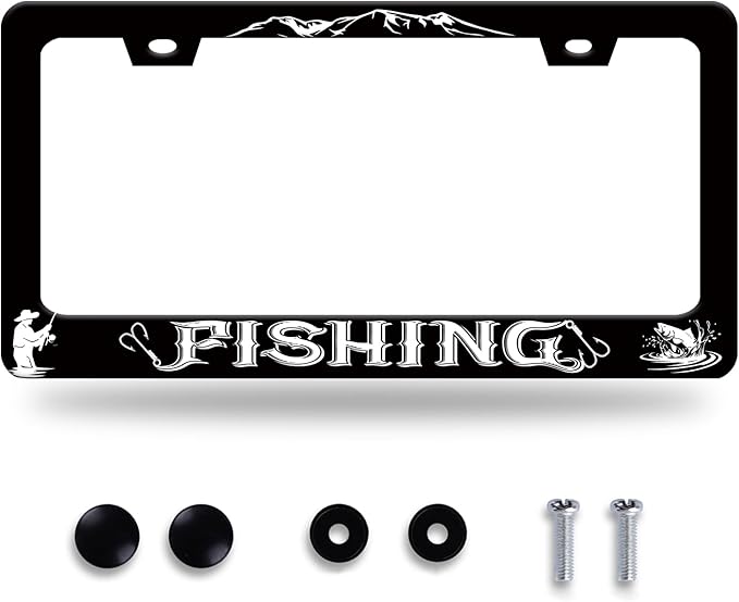Fishing License Plate Frame Personalised License Plate Stainless Steel Funny Fish License Plate Holder for Men Women Universal Black Car Accessories Decoration 12.3" x 6.3"