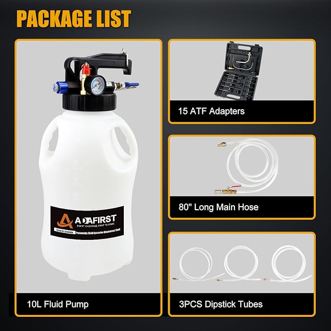 Transmission Fluid Transfer Pump Kit, 10L Pneumatic Fluid Extractor and Dispenser Tool with Adapter for ATF Fill, Gear Oil Refill, Differential Oil, Garage and Shop Fluid Evacuator and Filler