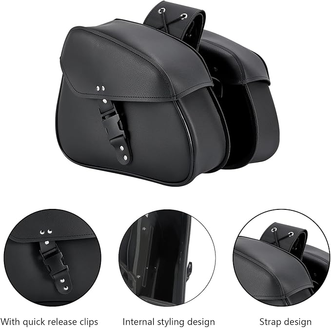 Motorcycle Saddle Bags Synthetic Leather Luggage Bag Waterproof Throw Over Saddlebags For Motorcycle Softails Sportsters Choppers Dyna V-star Shadow (Single Buckle, Black, 12.6 X 8 X 10)