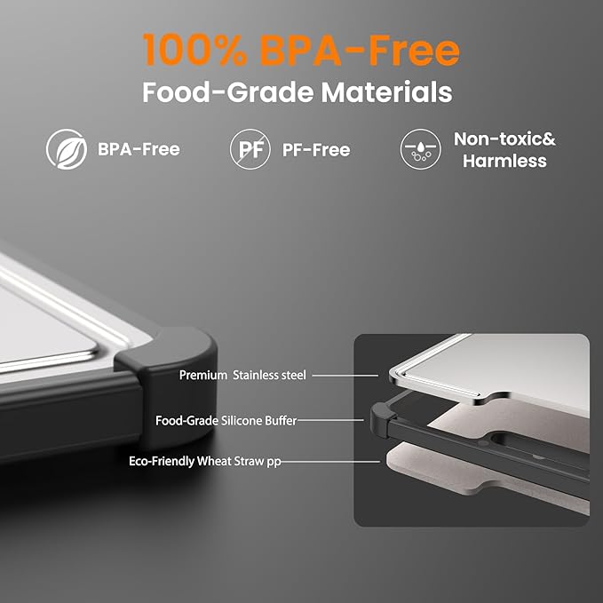Premium 316 Stainless Steel Cutting Board for Kitchen– Double Sided,Non-Toxic& BPA-Free Chopping Board with Food-Grade Steel &Eco-Friendly Wheat Straw PP,for Meat&Vegetables Healthy Organic Board
