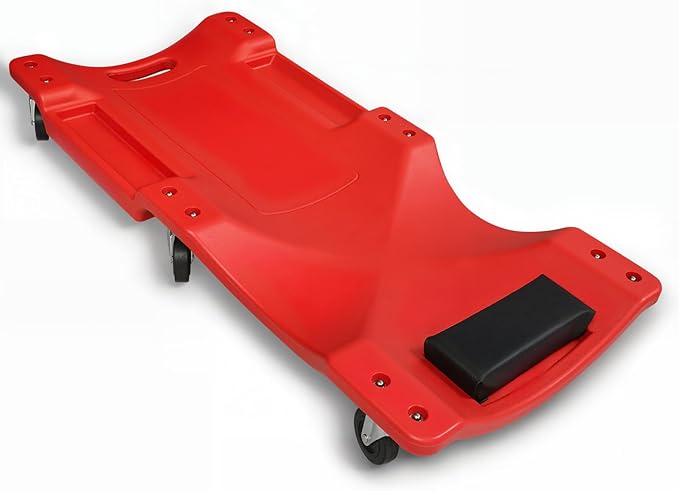 Magshion Mechanic Creeper with Padded Headrest and Tool Tray, 330 lbs Capacity Rolling Garage Shop Creeper with 6 Wheels, Lightweight and Portable Automotive Creeper (Red)