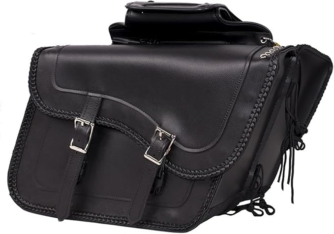 GARGOYLE BELLS Motorcycle Saddle Bags Synthetic Leather Motorcycle Luggage Bag Waterproof Throw Over Saddlebags For Softails Sportsters Choppers Dyna V-star Shadow (No Stud, Black, 16"x13"x11.5")