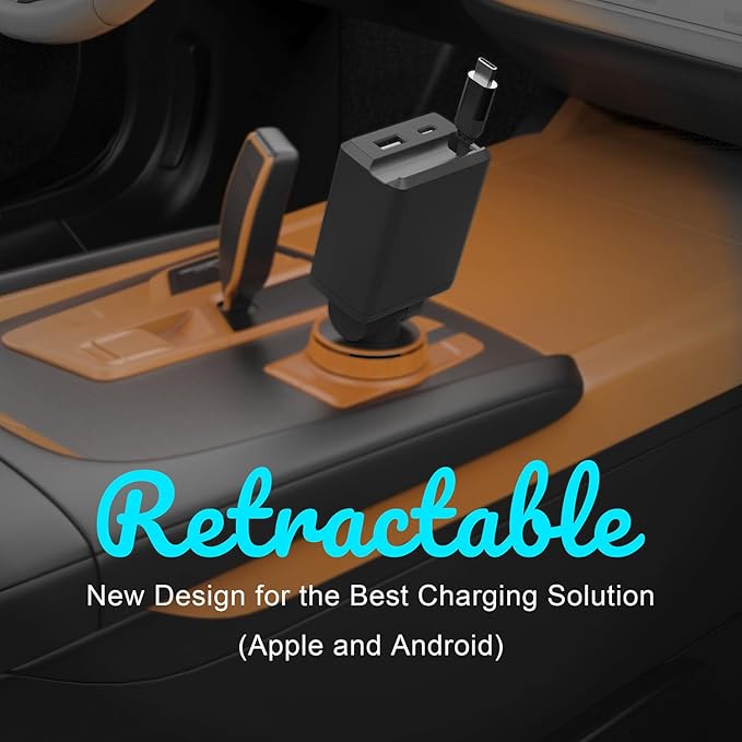 Retractable Car Charger, Total 75W Fast Charger 3 in 1 USB C Car Adapter, Retarctable Type C Cables (30 inch) and 2 USB Ports, Compatible with iPhone 16/15 Series, iPad, Galaxy, Pixel, Laptop and More