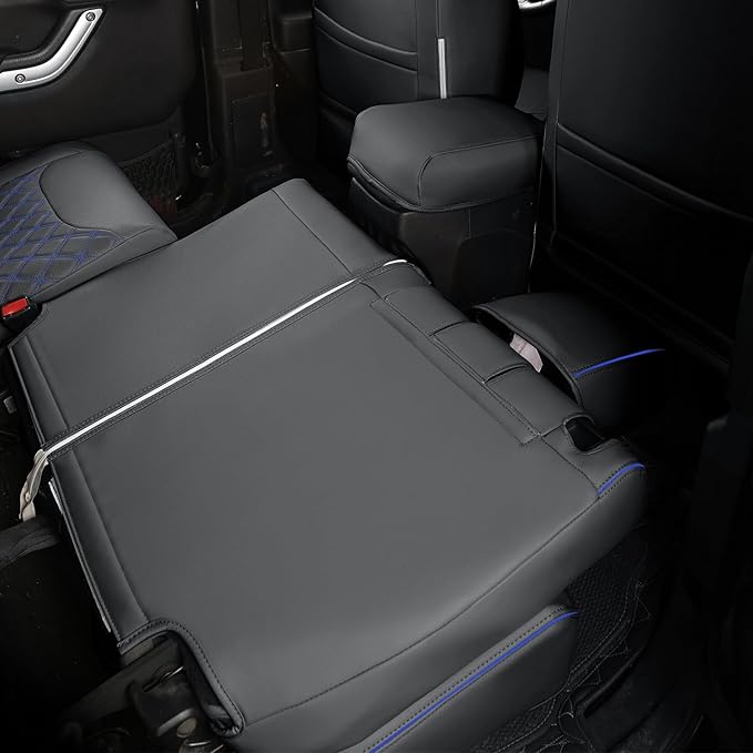 GIANT PANDA Customized Full Set Car Seat Covers for Jeep Wrangler 4 Door JK Sahara Sport Rubicon Unlimited Willys Wheeler Altitude 2013 2014 2015 2016 2017, Faux Leather - (Black+Blue)