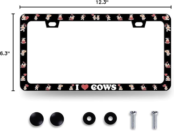 Cow License Plate Frame Cute I Love Cows License Plate Holder for Personalized Colorful Animal Car Decorative Stainless Steel Funny License Plate Cows Auto Part with Screws 12.2" x6.2"