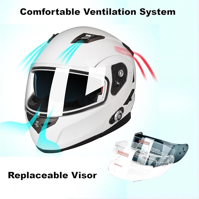FreedConn BM2-S Bluetooth Motorcycle Helmet, Flip-Up Modular Motorbike Helmet, 500M Connectivity for 2-3 Riders, Voice Dial, Hands-Free Call, MP3, FM, DOT Certified (Medium, White)