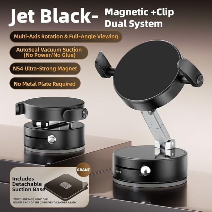 2025 Upgraded Foldable 2-in-1 Clip & Vacuum Magnetic Suction Car Phone Holder Mount, 360° Adjustable Universal Dashboard & Windshield Stand for iPhone 16/15/14/13/12 & Android Phones (Black)