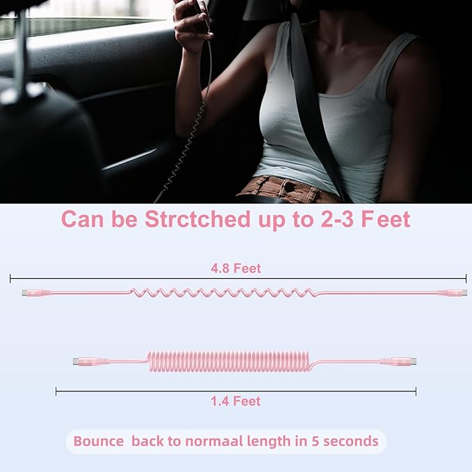 USB C to C Cable 3FT for Car, Coiled USB C Fast Charging Cable for iPhone 16, 2Pack Type C Cord for iPhone 15/Plus/Pro/Pro Max/Samsung Galaxy S23-Pink
