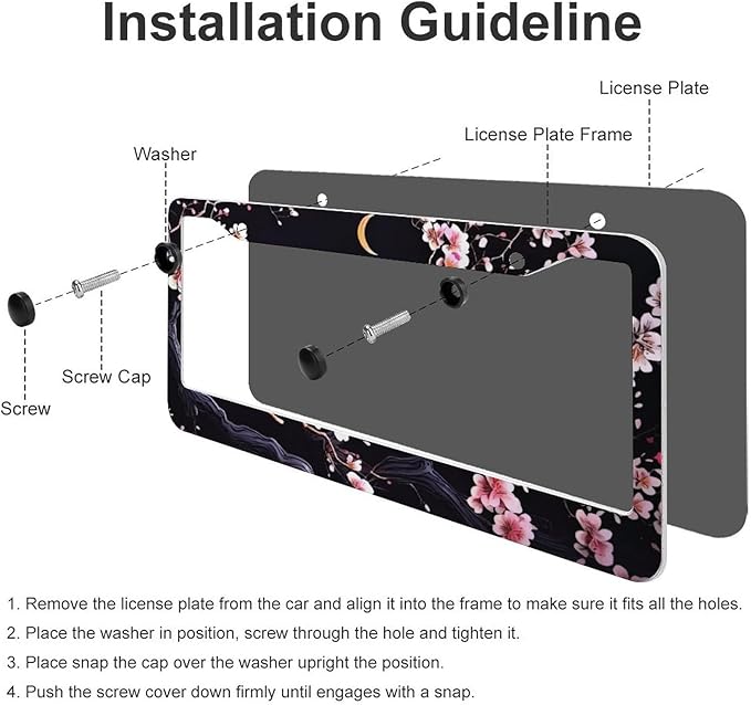 Flowers Plum Blossom Moon License Plate Frames - 2 Pcs Set 2 Holes Metal Aluminum Auto Car Accessories Decoration License Plate Frame 12.2 x 6.3 inch for Women Men Gift