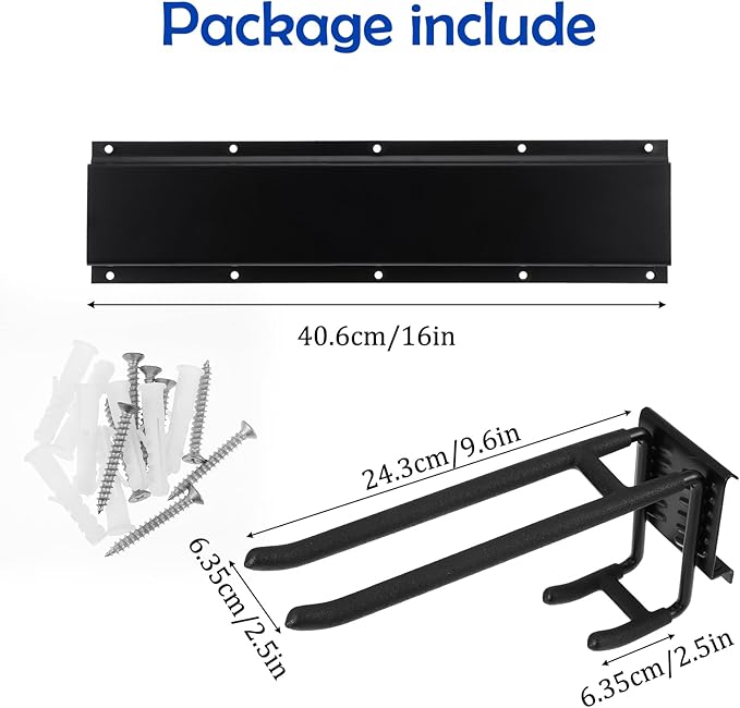 Garage Storage Rack Hooks, 32 Inch Heavy Duty Wall Mount Garage Organization with 2 Rails and 4 Adjustable Double Wall Hooks,Hanging Shelves for Garden Tool/Broom/Mop(Black)