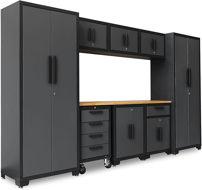 Torin Garage Cabinets Storage System, 9 Piece Included Steel Drawers Rolling Chest,Locked Storage Cabinet, Perfect for Organizing Garage and Tools, Black/Grey