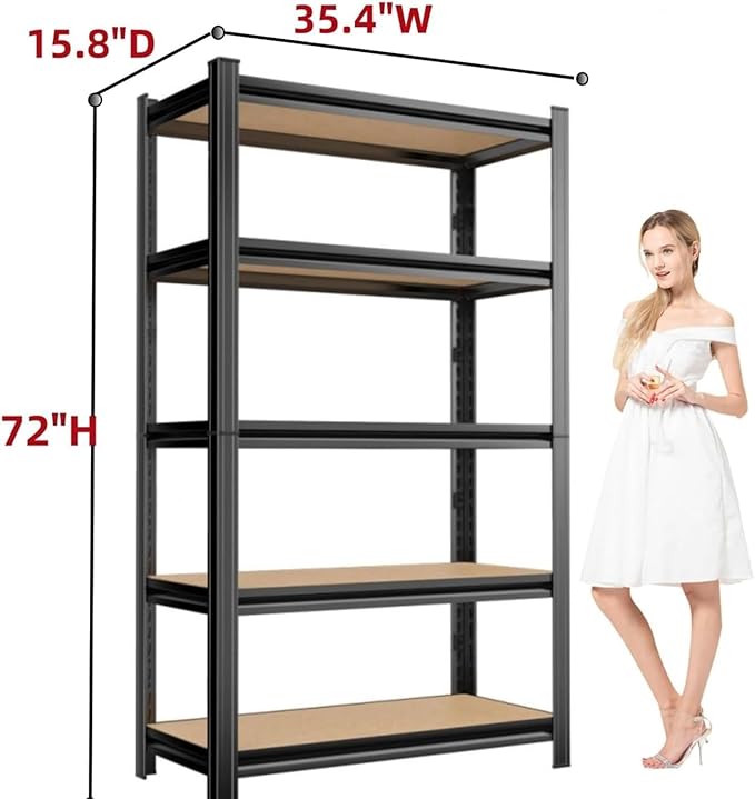 Garage Shelving Unit, 2550Lbs Heavy Duty 5-Tier Metal & Wood Adjustable Storage Rack, Black, 72”H x 35.4”W x 15.8”D, for Garage, Basement, Warehouse, Utility Storage