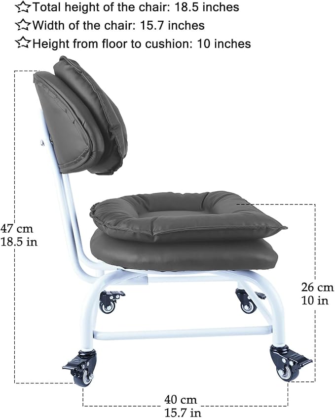 Rolling Stool Wide Seat with Back Rolling Chair 4 Wheels with Brakes for Home Office Garage Shop Waterproof Roller Seat Durable Steel Stand Dark Gray
