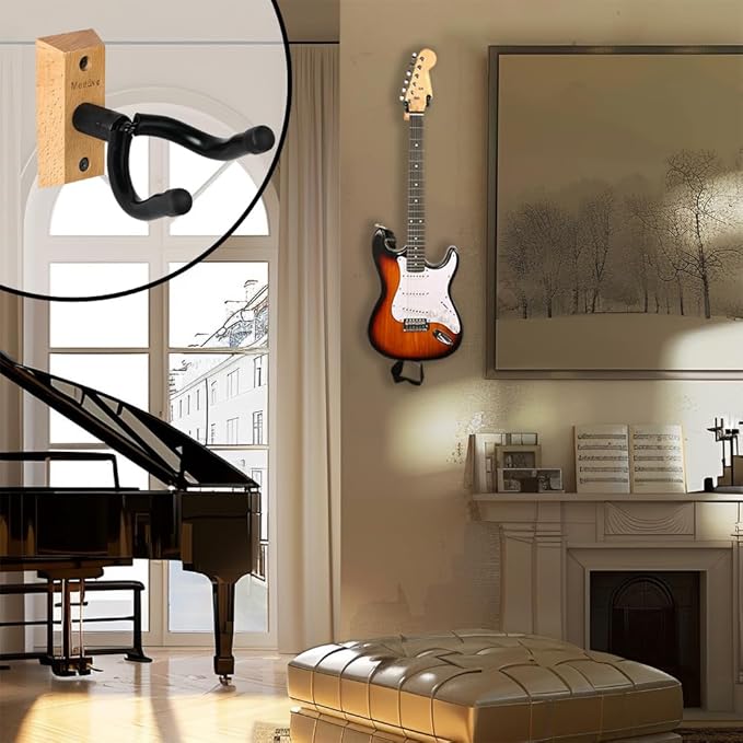 Guitar Wall Mount Hanger, 4-Pack Real Hardwood Guitar Hanger for Wall, Guitar Hook Holder Stand for Bass Electric Acoustic Guitar Ukulele (Beech Wood)