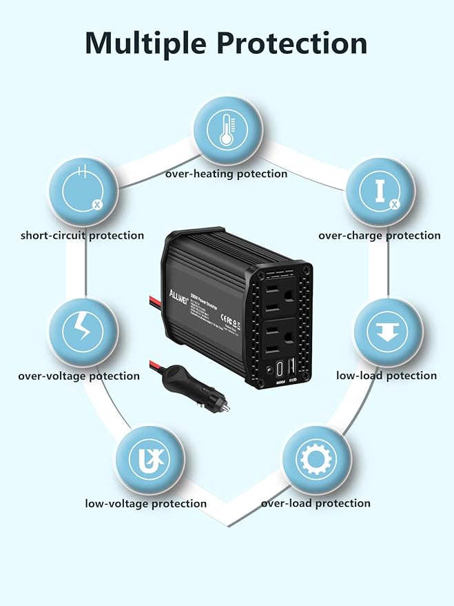 ALLWEI 300W Car Power Inverter DC 12V to 110V AC for Vehicles Converter USB-C PD65W/18W Fast Charging Ports Car Charger Adapter (Black)