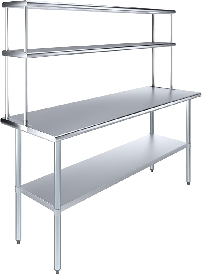 Amgood Stainless Steel Work Table Double Tier Overshelf | Metal Kitchen Prep Table & Shelving Combo (24" x 72" Work Table + 12" Overshelf)