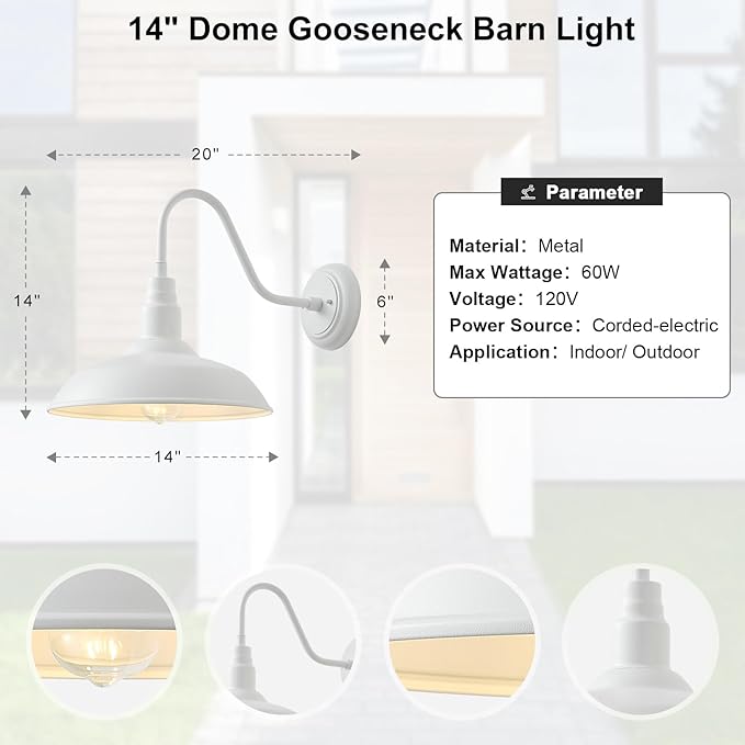 14 Inch Dome Outdoor Gooseneck Barn Light Fixture for Farmhouse, White Exterior Goose Neck Wall Mount Lights for Porch, Barn Style Wall Sconce Lighting for Patio, Garage