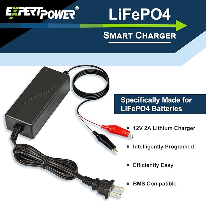 ExpertPower 12V 2A Smart Charger for Lithium LiFePO4 Deep Cycle Rechargeable Batteries [UL Listed]