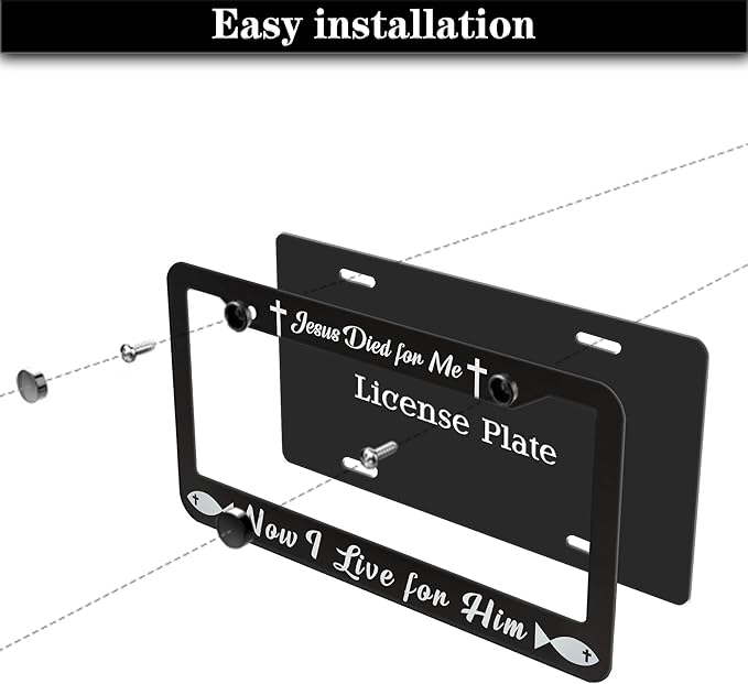 License Plate Cover Black and White License Plate Frames Jesus Died for Me Now I Live for Him Aluminum Metal Car Accessory 2 Pack with Screw Covers Set