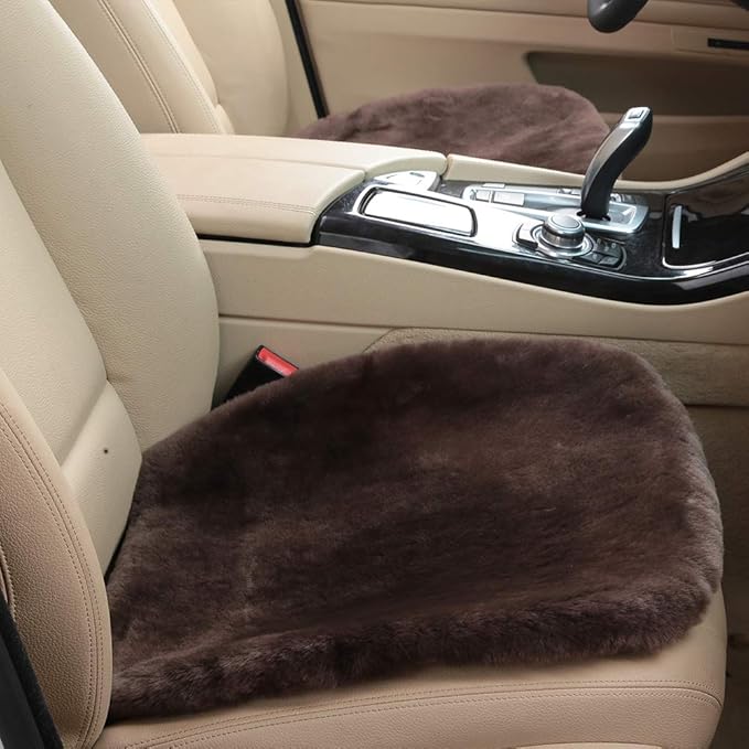 Fluffy Genuine Australia Sheepskin Car Seat Cover for Auto Interior Accessories with Soft Fuzzy Wool Eco-Friendly Natural Fur Non-Slip (Teak, Front)