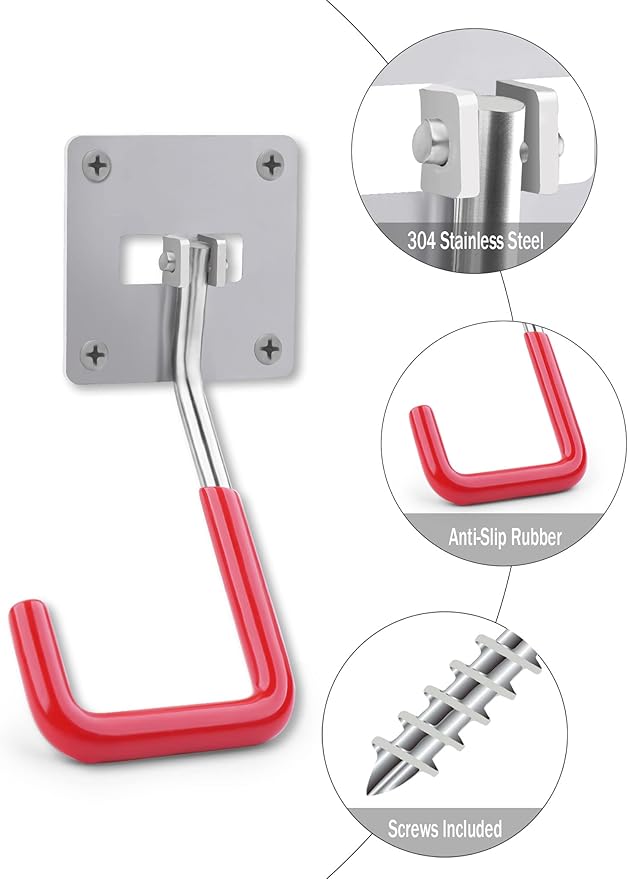 HAISHINE Garage Hooks, 2 Pack Adjustable Hooks for Wall Storage, Stainless Steel Heavy-Duty Utility Hooks with Anti-Slip Coating Organizing for Chainsaws, Bike, Garden Tools(Screws and Dowels Include)