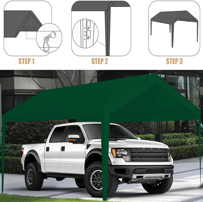 Rutile 12 x 20 FT Carport Replacement Cover, Heavy Duty Car Tarp Canopy Tent Garage Top Shelter Cover with Fabric Leg Pole Skirts and Ball Bungees Green (Only Top Cover, Frame is not Included)