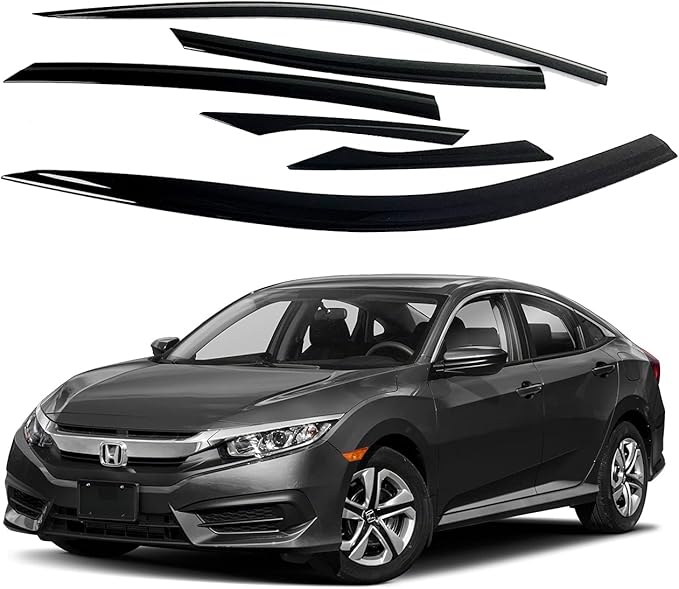 AUTOCLOVER Tape-On Rain Guards Window Visors 6 Pcs Set for Honda Civic Sedan 4dr 2016 2017 2018 2019 2020 2021 / Window Deflectors, Out-Channel Vent Shades (Smoked)