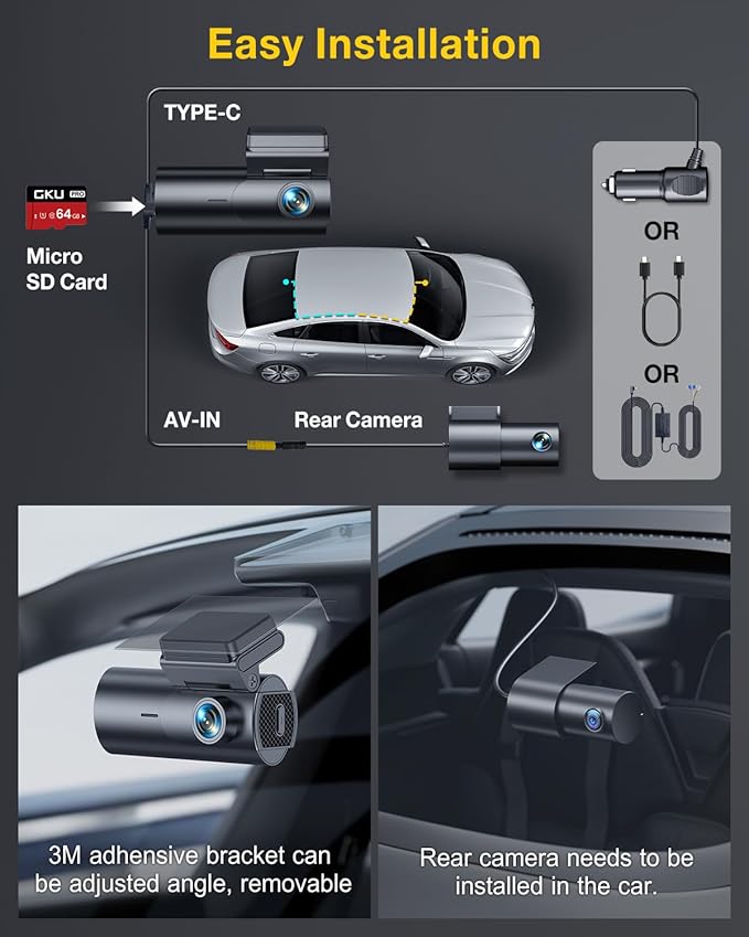GKU Dash Cam Front and Rear Camera,4K+1080P, 5.8GHz WiFi & GPS Dash Camera for Cars,with 64G SDcard,1.47" Display Dashcam, 24HParking Mode,App Control,Super Night Vision,WDR,Support Max 256GB