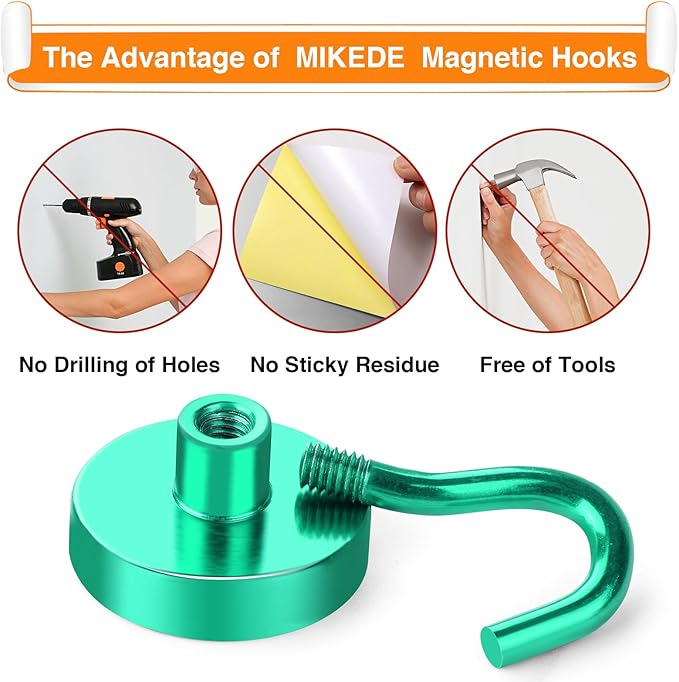 MIKEDE Magnetic Hooks Heavy Duty, 28LB+ Strong Magnets with Hook for Fridge, Neodymium Extra Strength Industrial Hooks for Hanging, Magnetic Hanger for Toolbox, Cruise, Grill(Green,4 Pack)