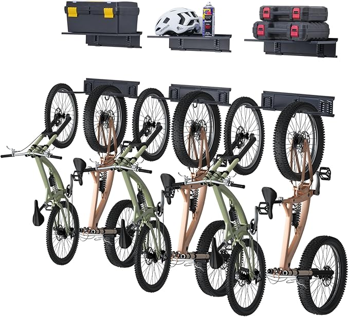 VEVOR Bike Storage Rack, 6 Bike Racks and 3 Helmets Hooks, Wall Mount Bike Storage Hanger with 3 Shelves, Home & Garage Organizer, Customizable for Various Bike Sizes, Holds Up to 300 lbs, 48-inch