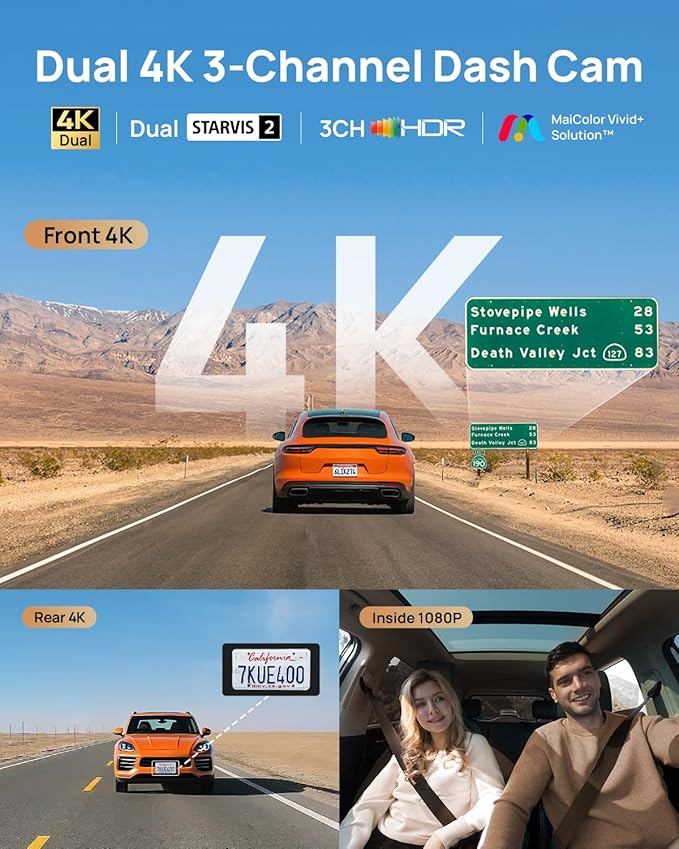 70mai 4K T800 3 Channel Dash Cam, Dash Cam Front and Rear Inside(2160P+2160P+1080P), STARVIS 2 IMX678, HDR Night Vision, Dash Camera for Cars with 512GB Card, WiFi 6, 4G LTE, ADAS, 24H Parking Mode