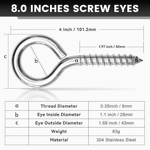 2Pcs Self Tapping Eyelet Screw Eye Bolt，4 Inch Heavy Duty Screw Eyes Hooks ，M8 Wooden Large Screw Eye Hook，Load Capacity 500 Lbs for Hammock ，Yoga，Heavy Indoor Outdoor Uses (2, M8-4 INCH)